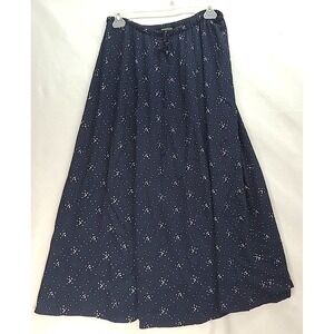 LL Bean navy Blue Print Skirt Midi Maxi S Swing A Line Elastic Tie Waist  Office
